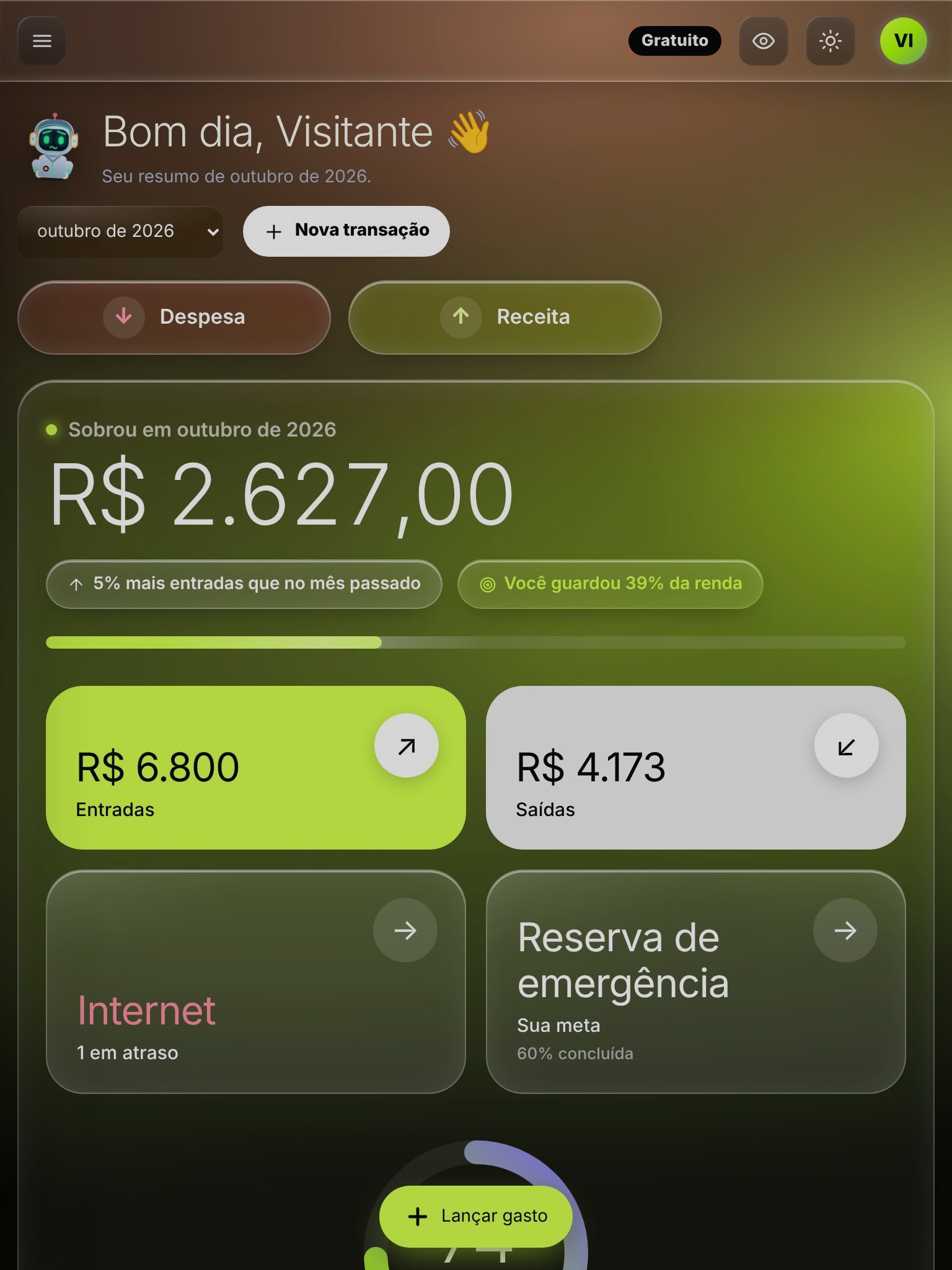 Painel do Legado Financy no tablet